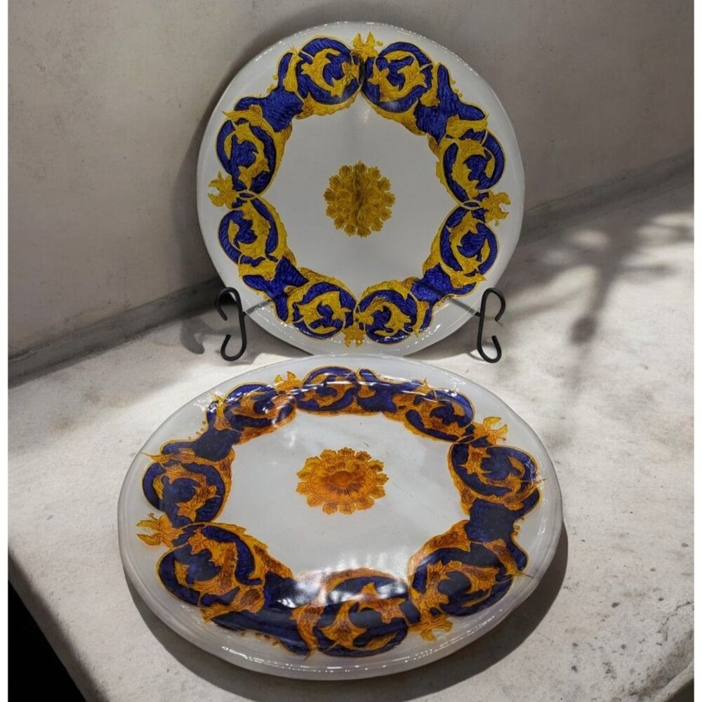 Vintage Singl3 Glass Decorative Plate w Blue Gold Hand Painted Versace Style 14"